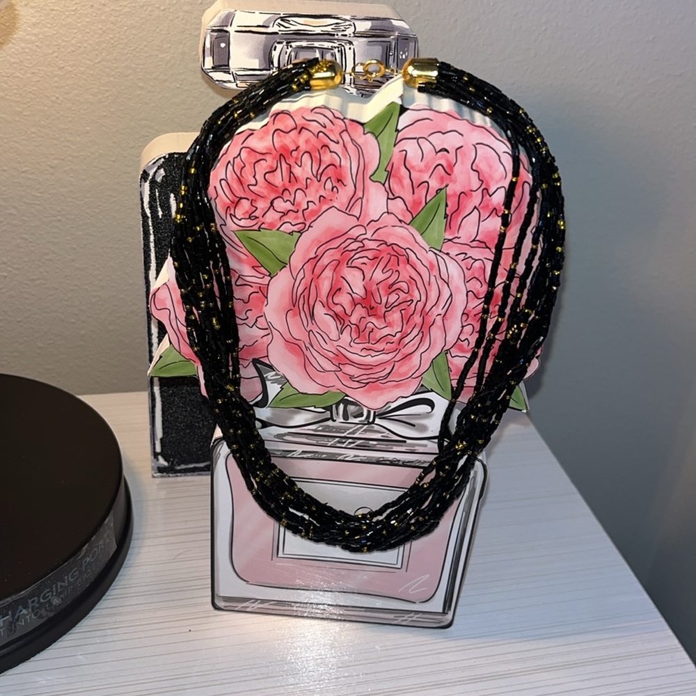 Elegant Black and Gold Multi-Strand Glass Seed Beaded Necklace